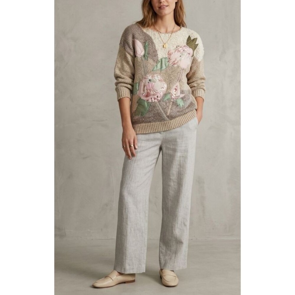 Vintage Sweater Womens Medium Tan Floral Knit Pullover Cottage Retro Everyday